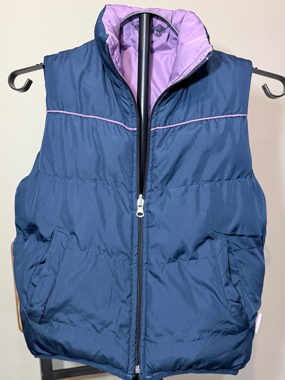 Reversible Kids Puffer Vest - Navy with Lilac Trim Check Measurements Girls 12